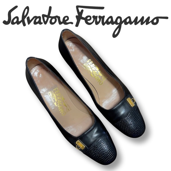 Vintage SALVATORE FERRAGAMO Square-Toe‎ Black Leather Heels - Picture 15 of 15